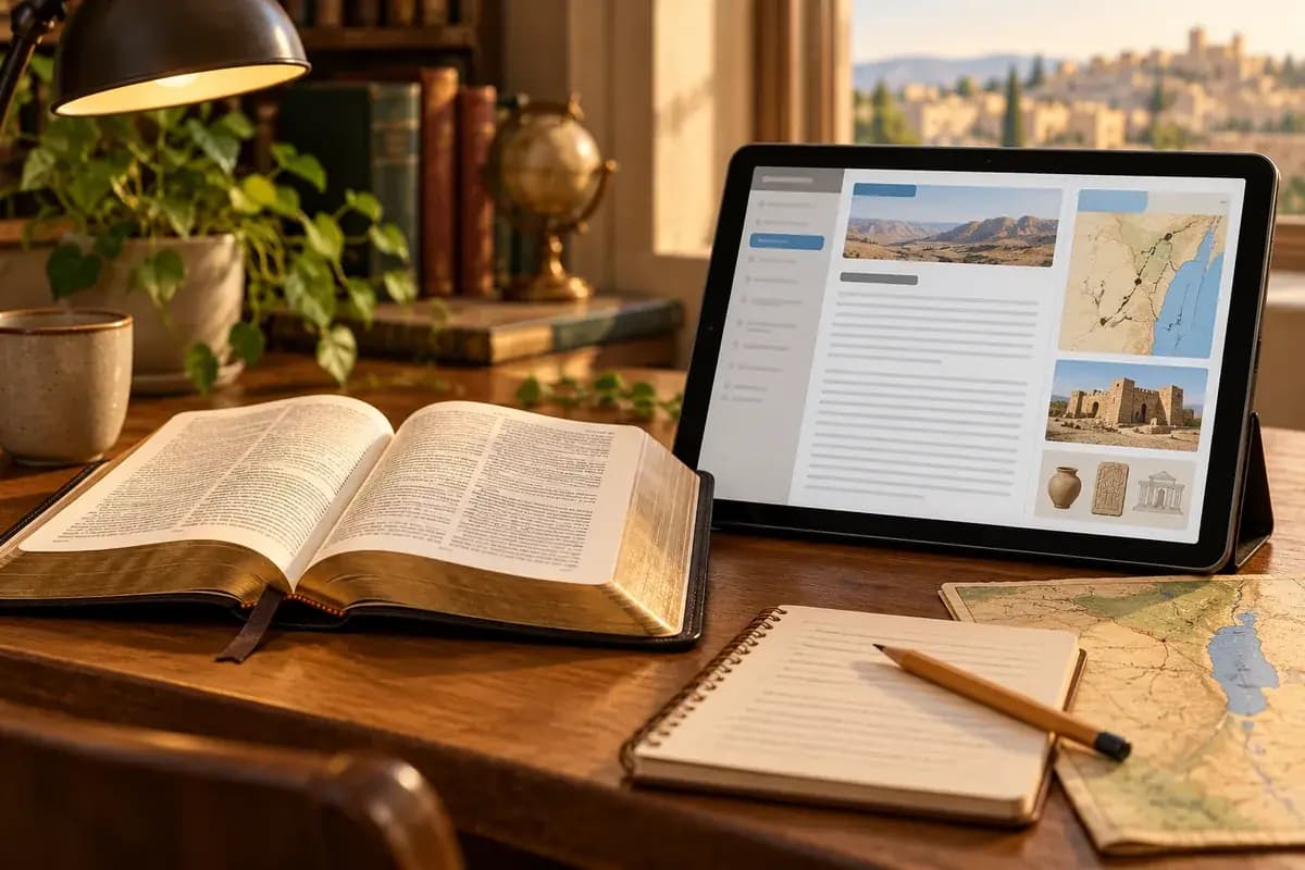 A tablet showing a Bible reference entry beside an open Bible, a map, and handwritten notes