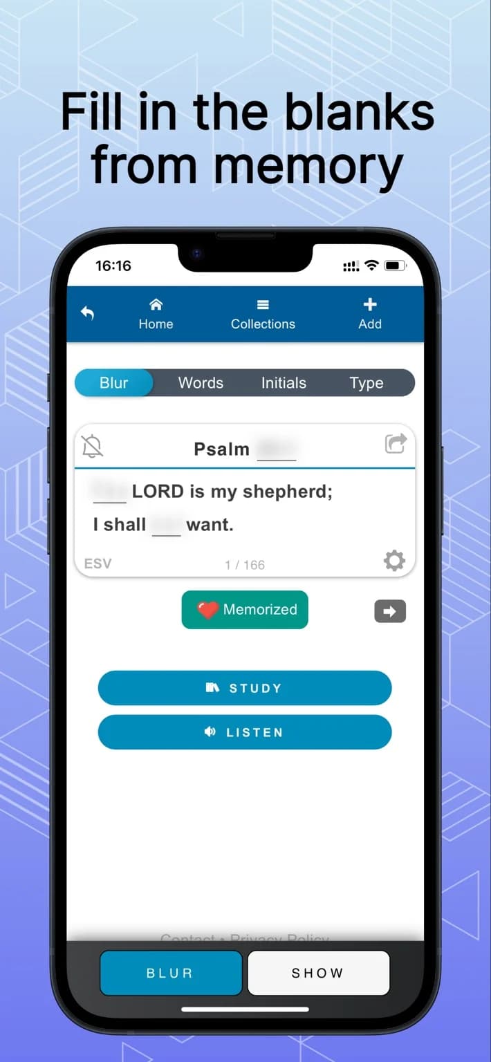 VerseLocker official US iPhone listing screenshot showing a fill-in-the-blanks Scripture memory exercise