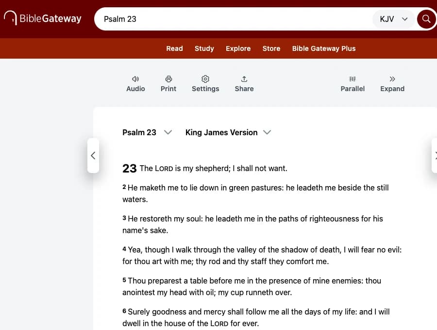 Bible Gateway official browser view showing Psalm 23 in the King James Version, captured October 2026