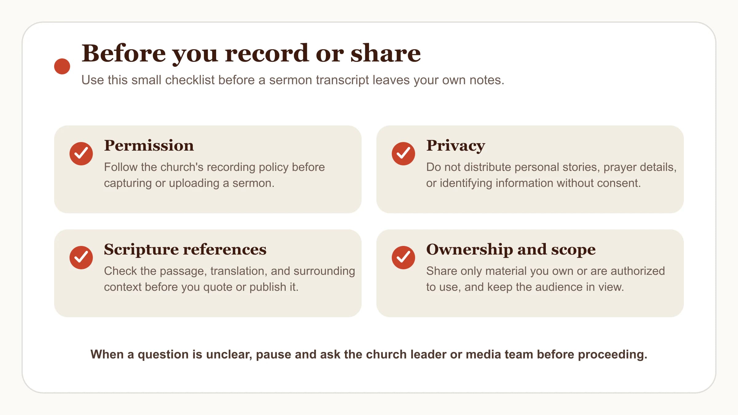 A checklist covering permission, privacy, Scripture references, and ownership before recording or sharing a sermon transcript