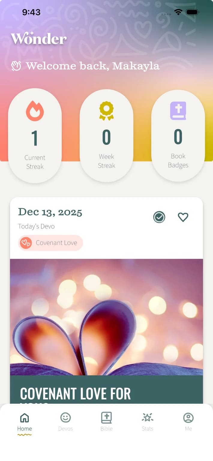 Official WONDER iPhone listing screenshot showing a daily devotional card and habit counters