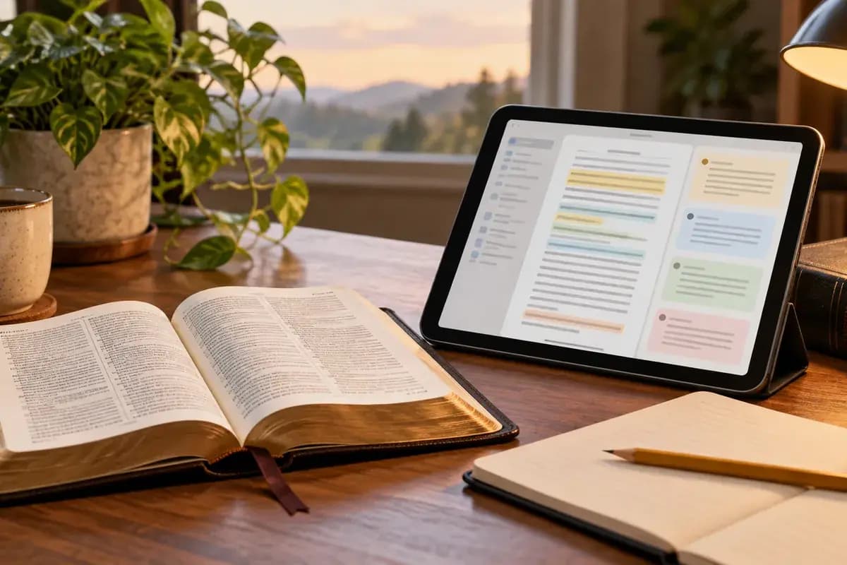 An open Bible and a phone beside a notebook for comparing Bible apps with commentary
