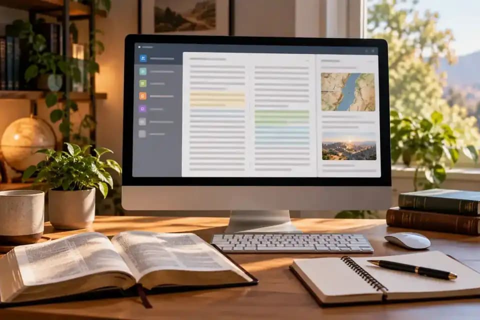 An open Bible, notebook, and desktop study screen on a sunlit desk
