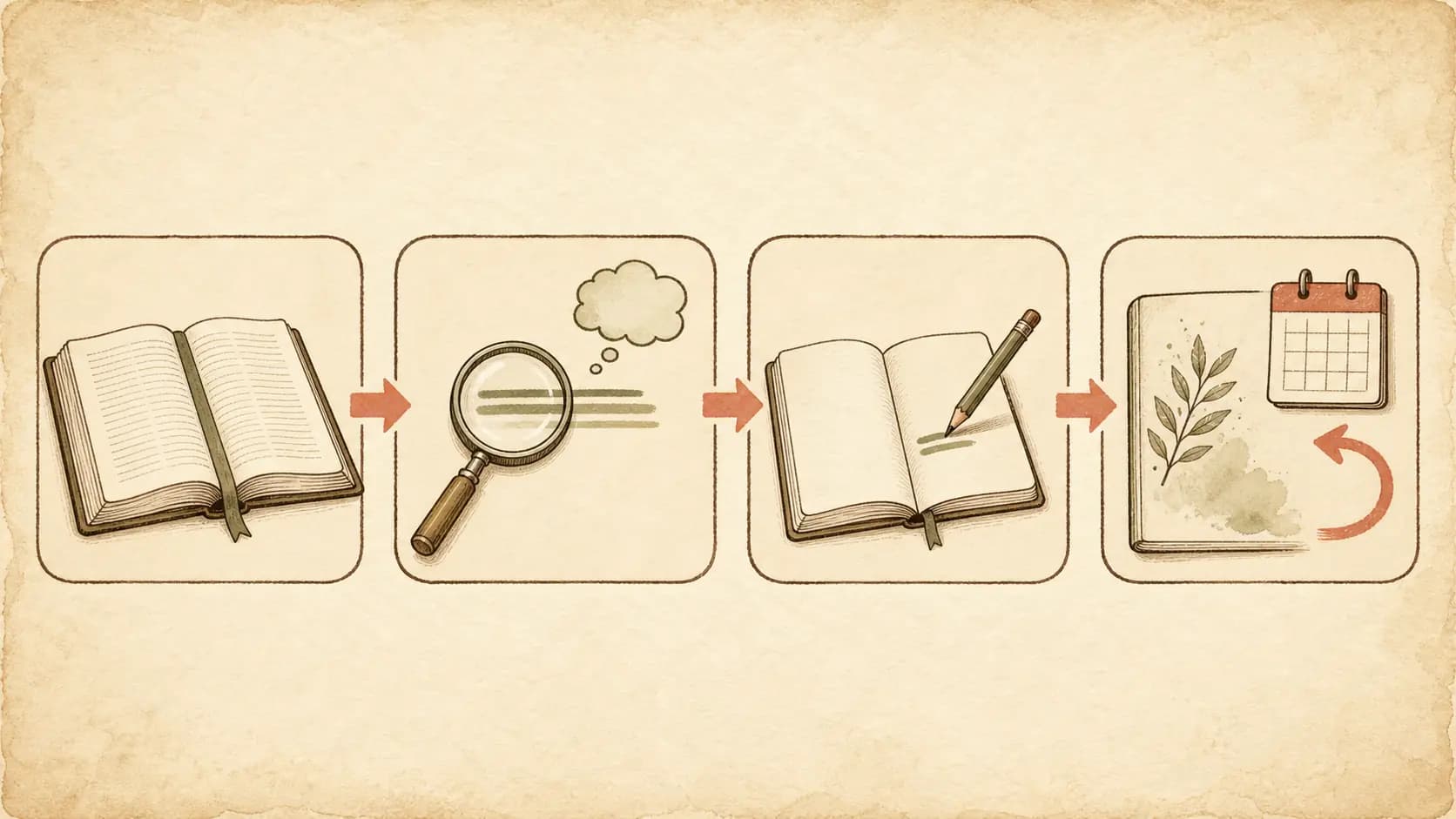 Four connected illustrations representing reading a passage, reflecting, writing a response, and returning to a journal