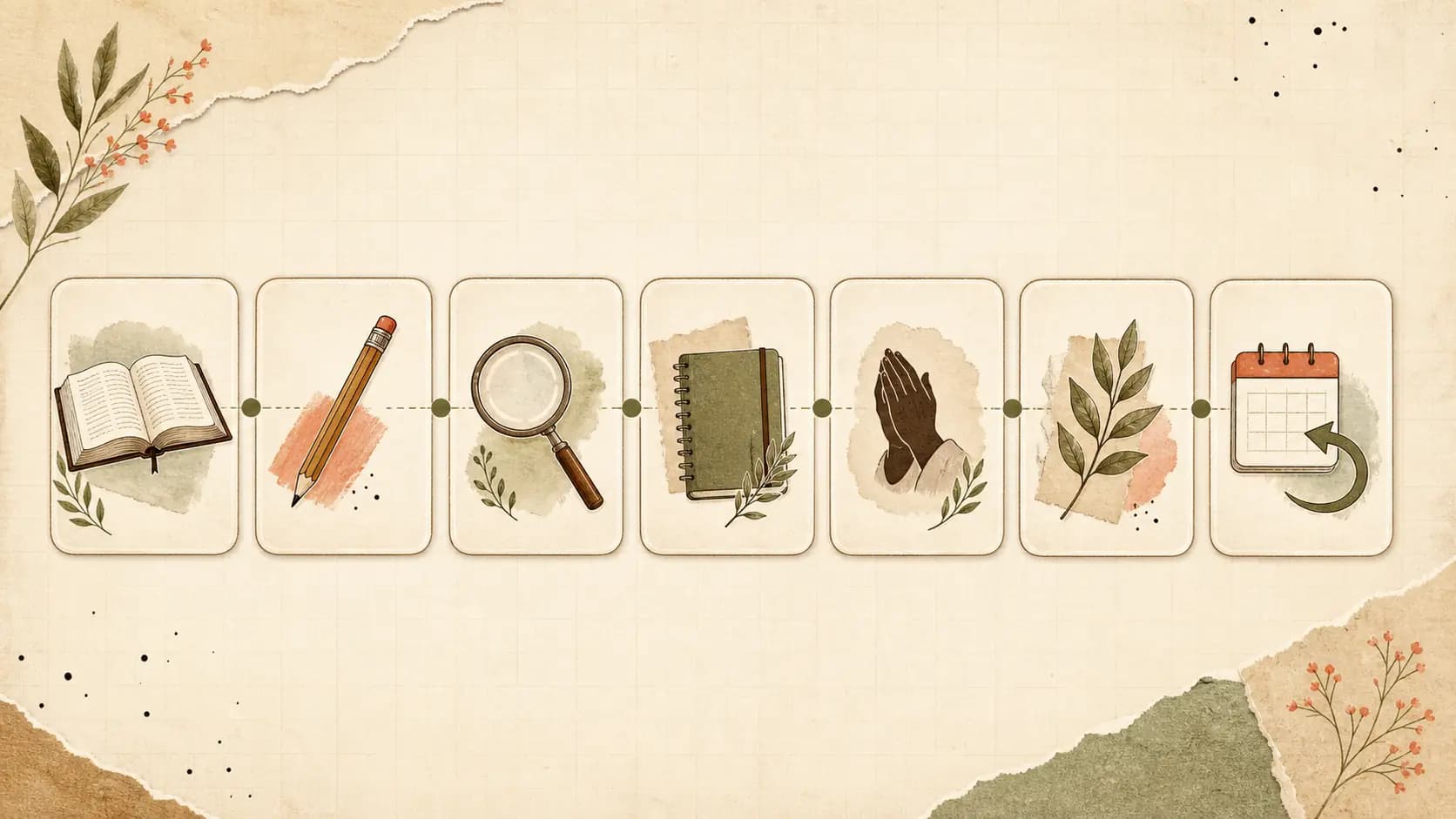A seven-day journal practice shown as seven connected blank study cards with a Bible, pencil, prayer hands, and calendar symbols
