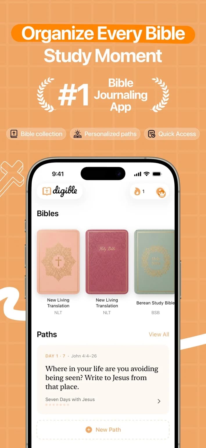 Digible official US iPhone listing screenshot showing its Bible collection and study Paths home view