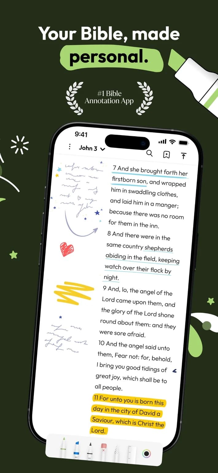 Pencil Bible official US iPhone listing screenshot showing handwritten marks and highlights on a Bible page