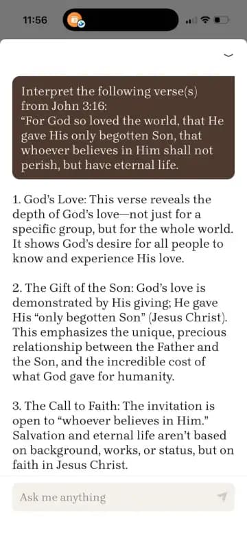Bible Note study answer screen showing a verse question and explanatory response