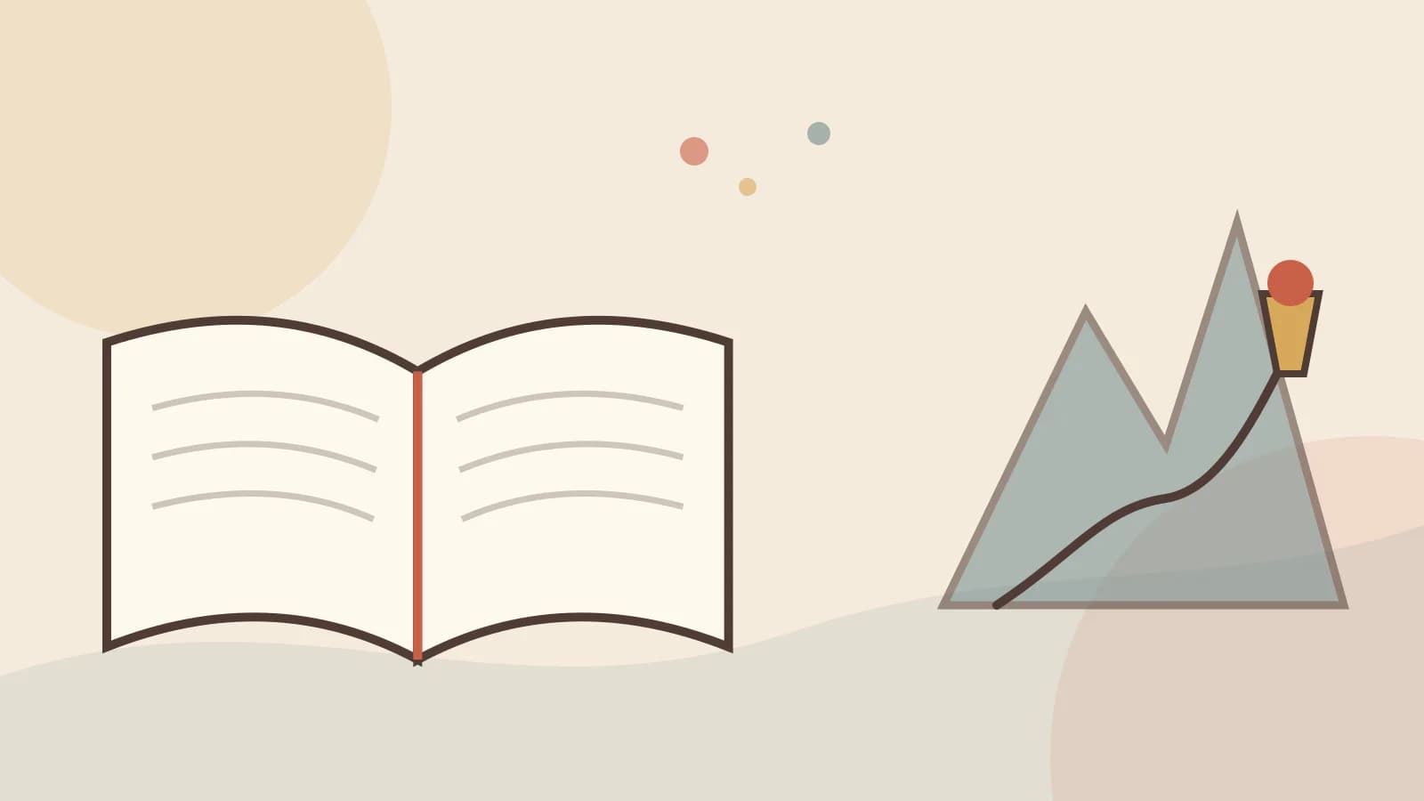 An open Bible beside a winding mountain path and a torch
