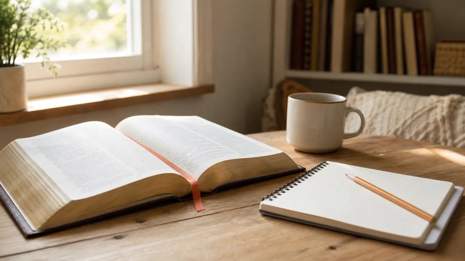 An open Bible and notebook beside tea in a bright morning study space