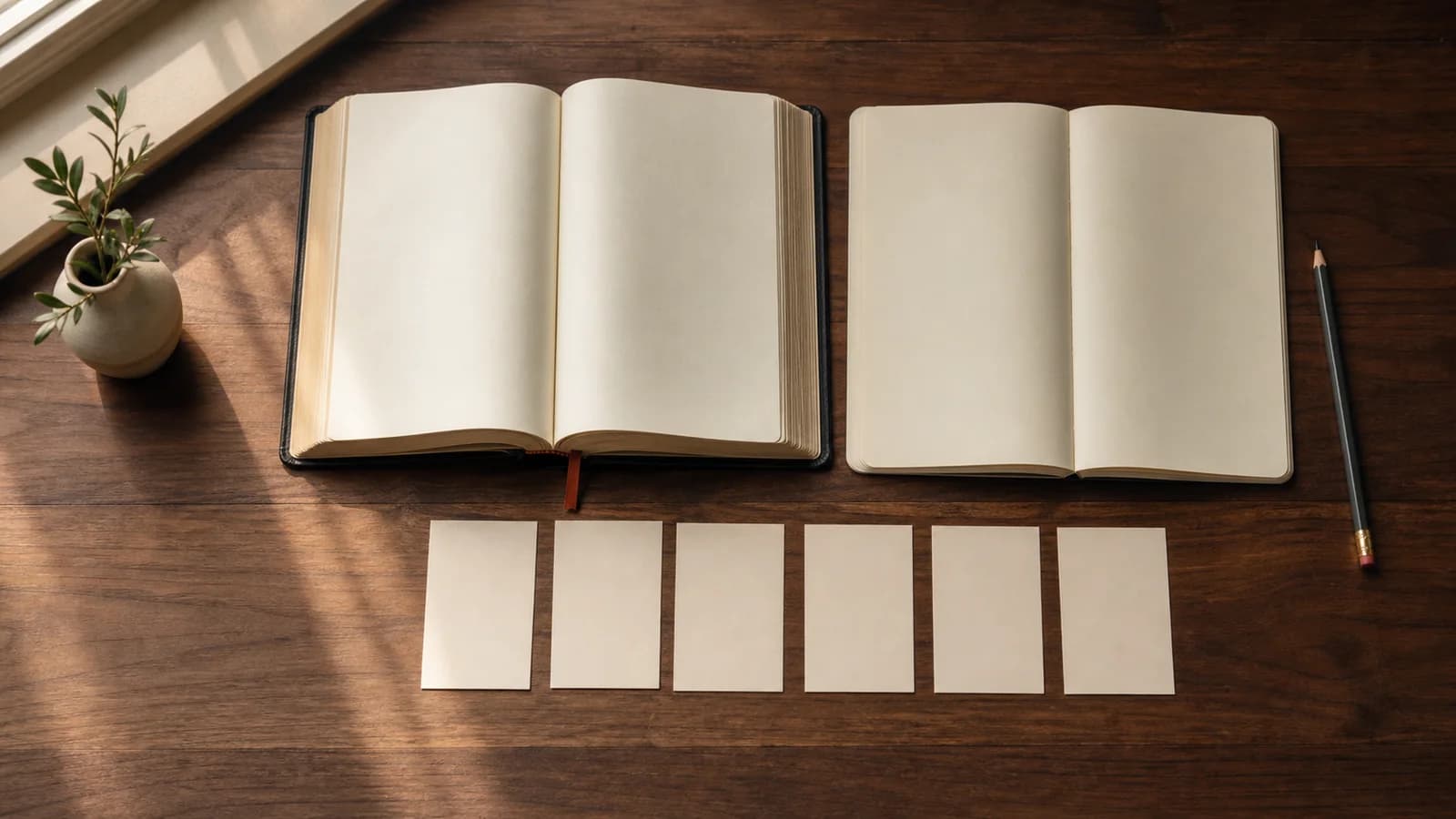 An open Bible, a notebook, and six simple study cards on a warm wooden table