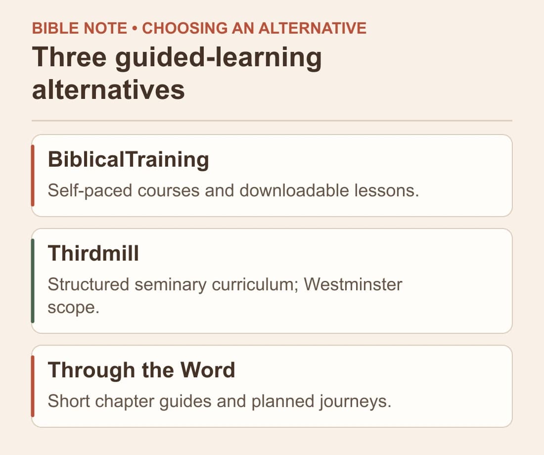 Three guided-learning alternatives: BiblicalTraining; Thirdmill; Through the Word