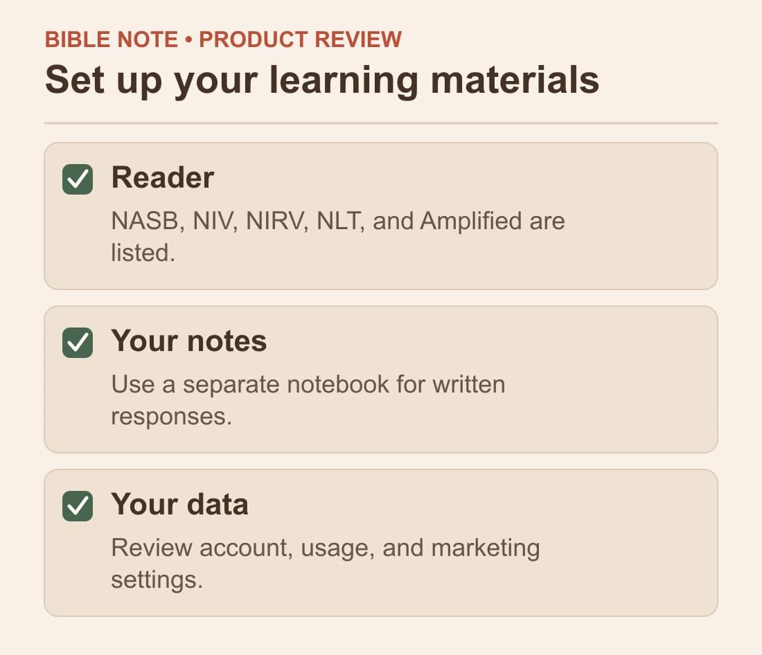Set up your learning materials: Reader; Your notes; Your data