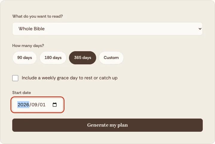 Bible Note's reading plan generator offers Bible range, pace, and daily-reading options