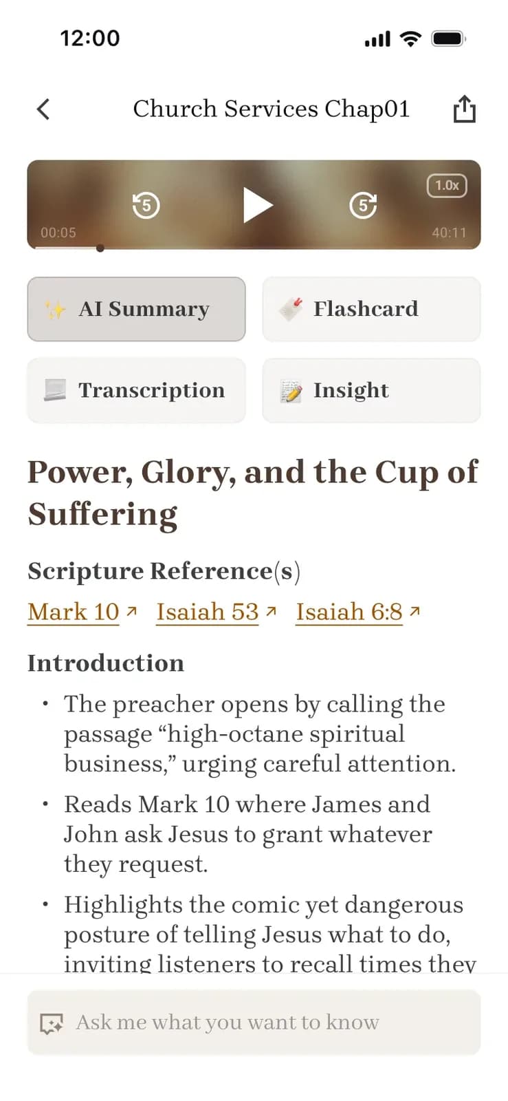 Bible Note sermon summary screen with playback controls and Scripture reference links