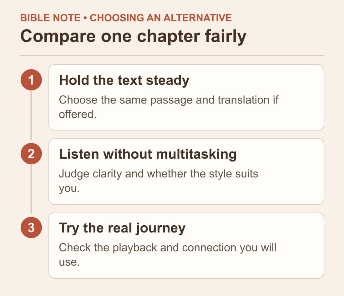 Compare one chapter fairly: Hold the text steady; Listen without multitasking; Try the real journey