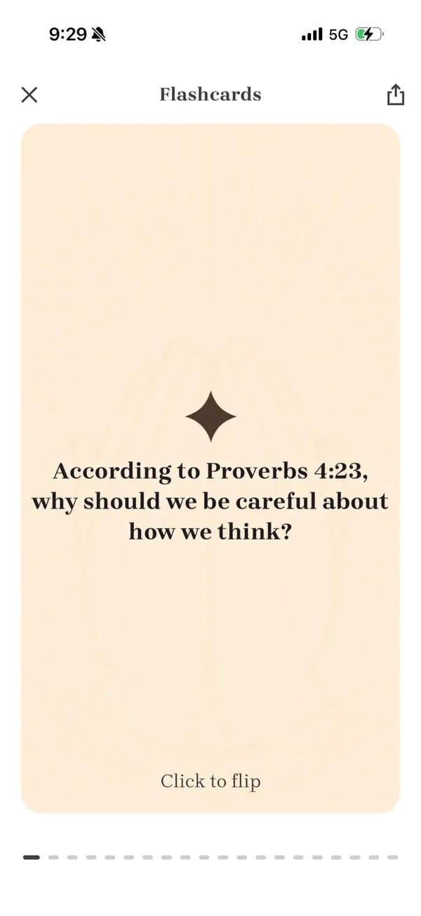 Bible Note flashcard screen showing a reflection question from a sermon note