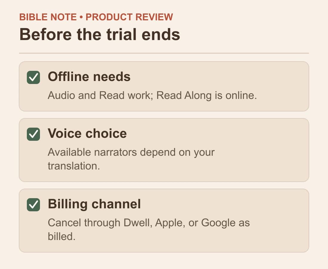 Before the trial ends: Offline needs; Voice choice; Billing channel