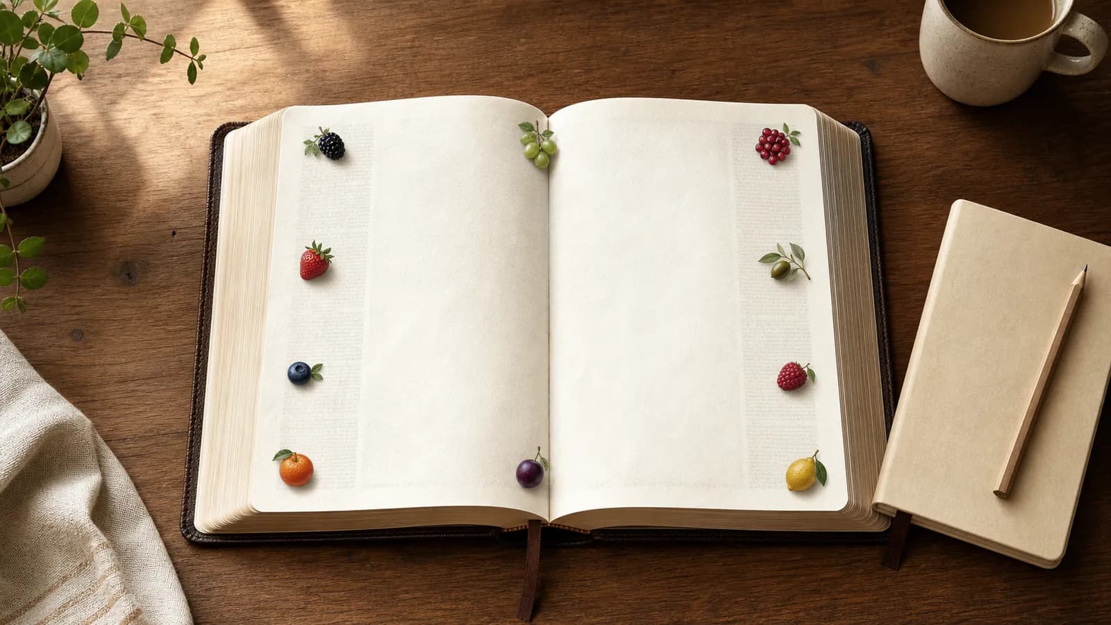 An open Bible beside a notebook and nine small fruit-like color marks on a warm study table