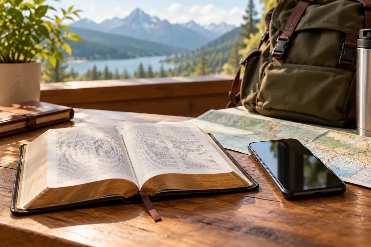 An open Bible and a phone beside a notebook for comparing offline Bible apps