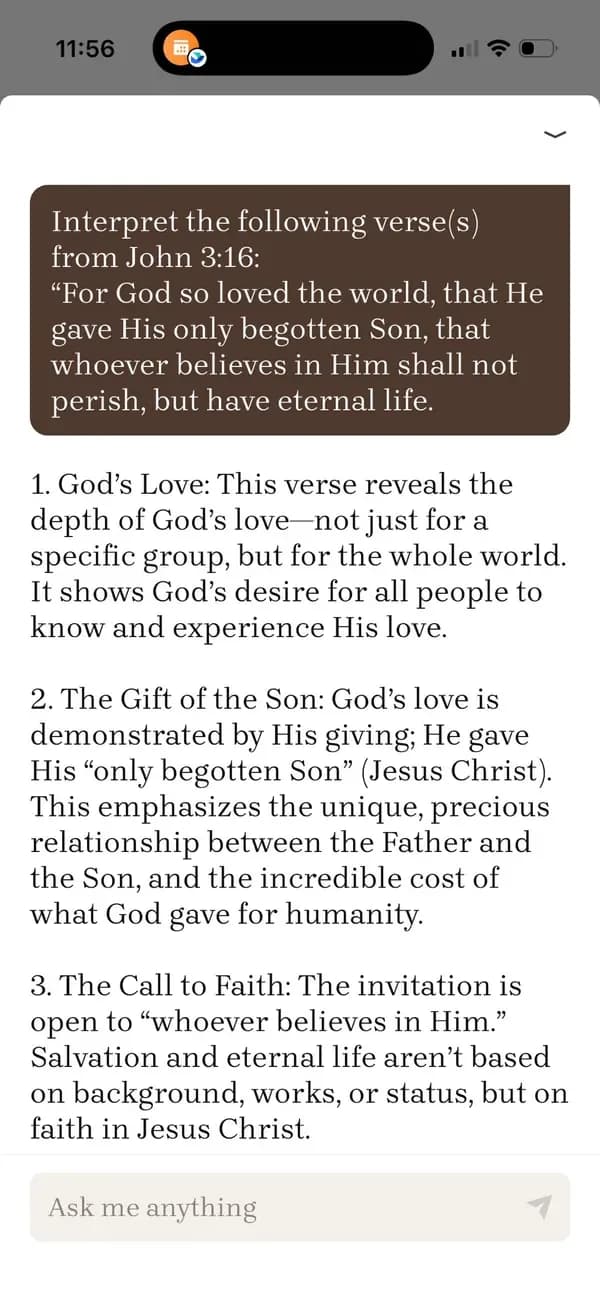 Bible Note Bible Study Chat shows a labeled verse interpretation with cited references