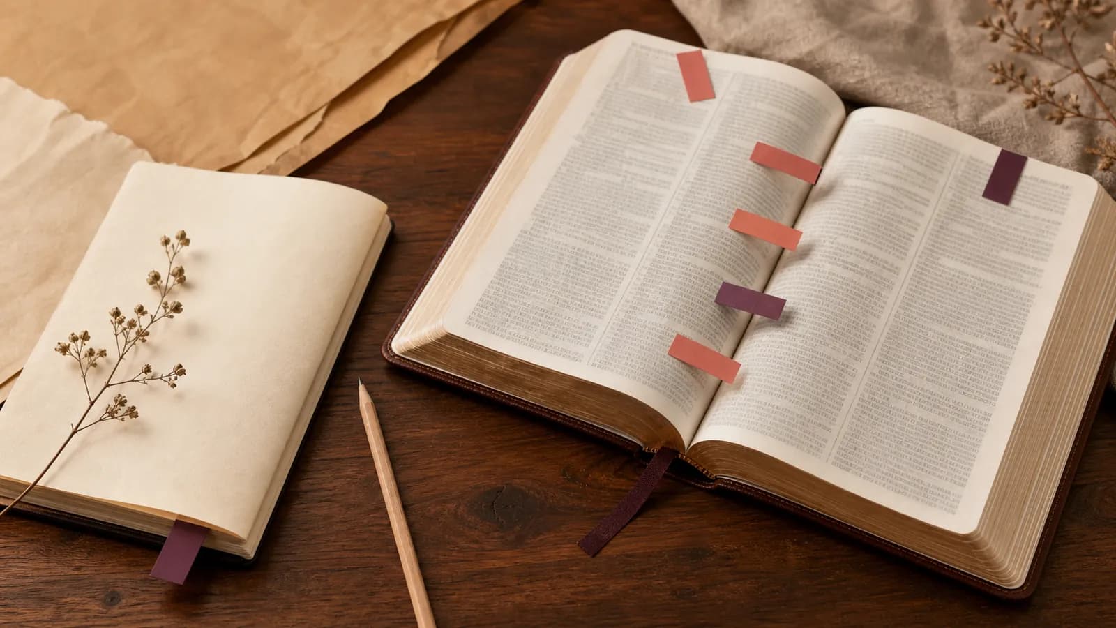 An open Bible with a notebook and a gentle path of page markers across warm parchment