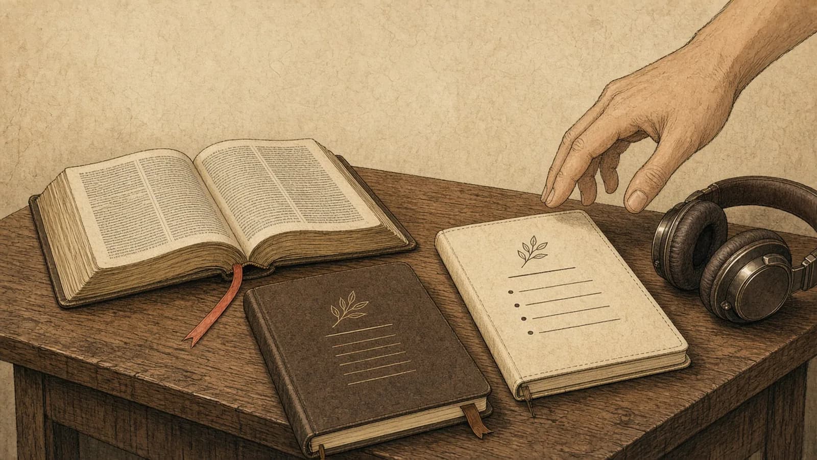 A wooden table with an open Bible, two notebooks, and unused headphones as a person chooses the sermon notebook