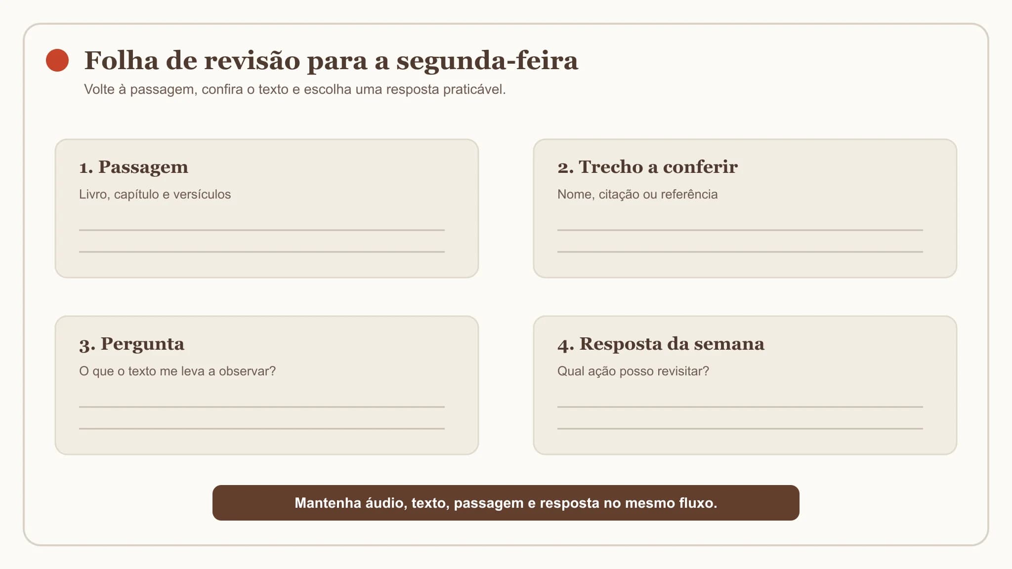 Folha de revisão para a segunda-feira com campos para passagem, trecho a conferir, pergunta e resposta da semana