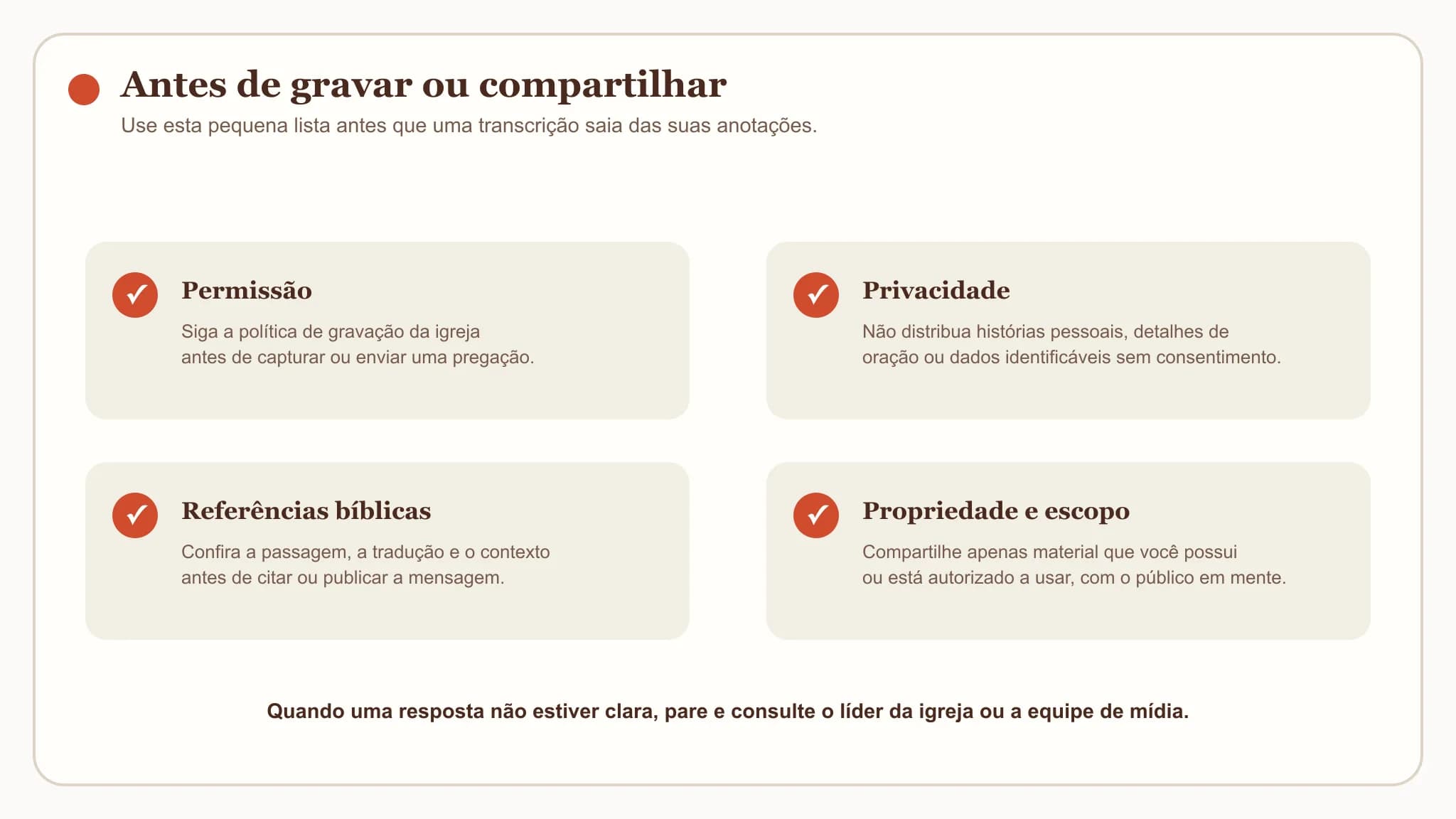 Checklist em português sobre permissão, privacidade, referências bíblicas e propriedade antes de gravar ou compartilhar uma transcrição