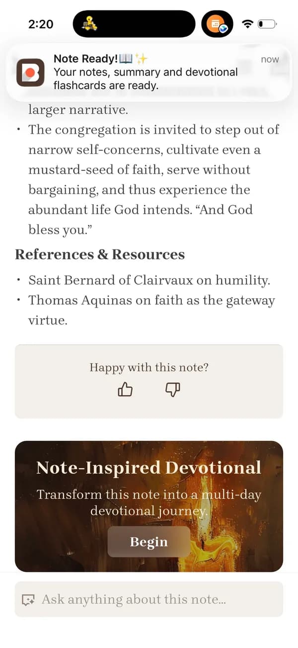 Structured sermon note with key points and a references list in the Bible Note app