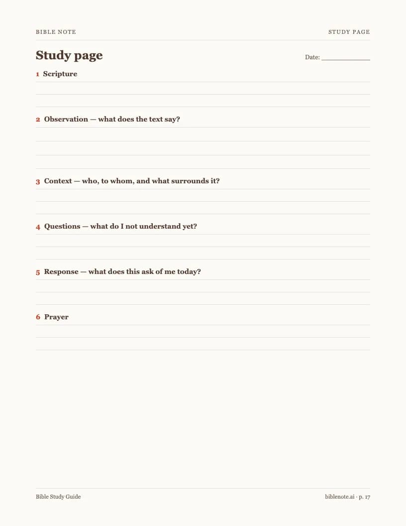 Blank study page of the printable Bible Study Guide PDF with lines for handwriting