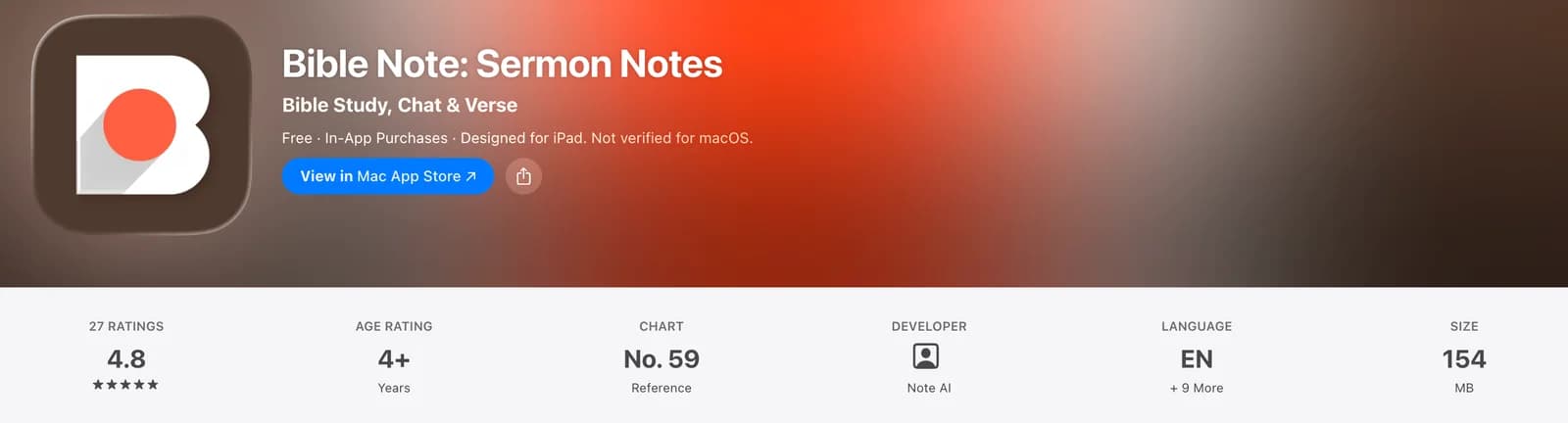 Mac App Store view for Bible Note showing a 4.8 rating from 27 ratings and the Note AI developer label