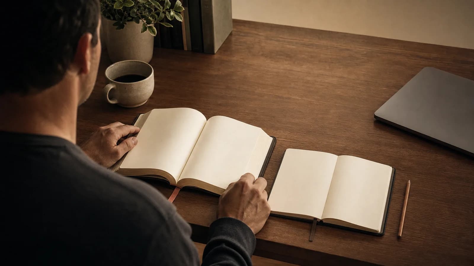 A reader at a wooden desk with open blank-paged books, a notebook, a pencil, and a closed laptop