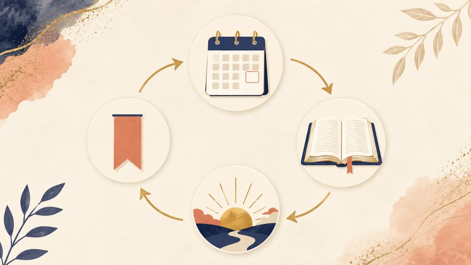 A circular four-step reading routine with an open Bible, a calendar marker, a pencil, and a sunrise