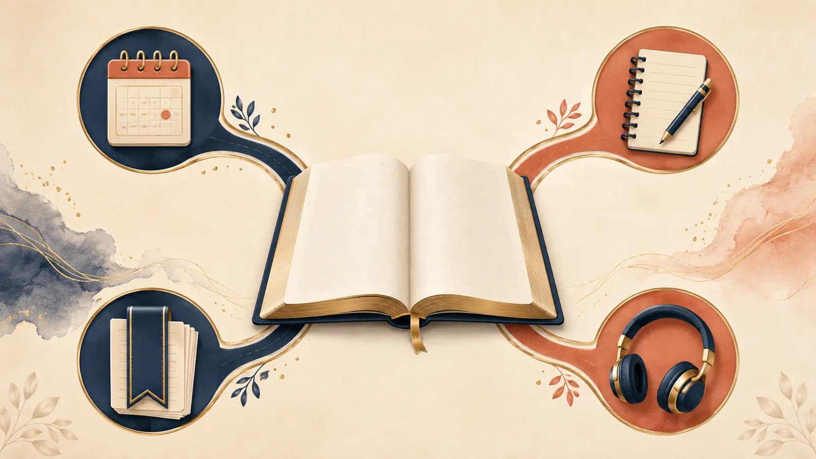 Five illustrated paths branching from an open Bible toward a calendar, reflection notebook, headphones, and reading plan markers