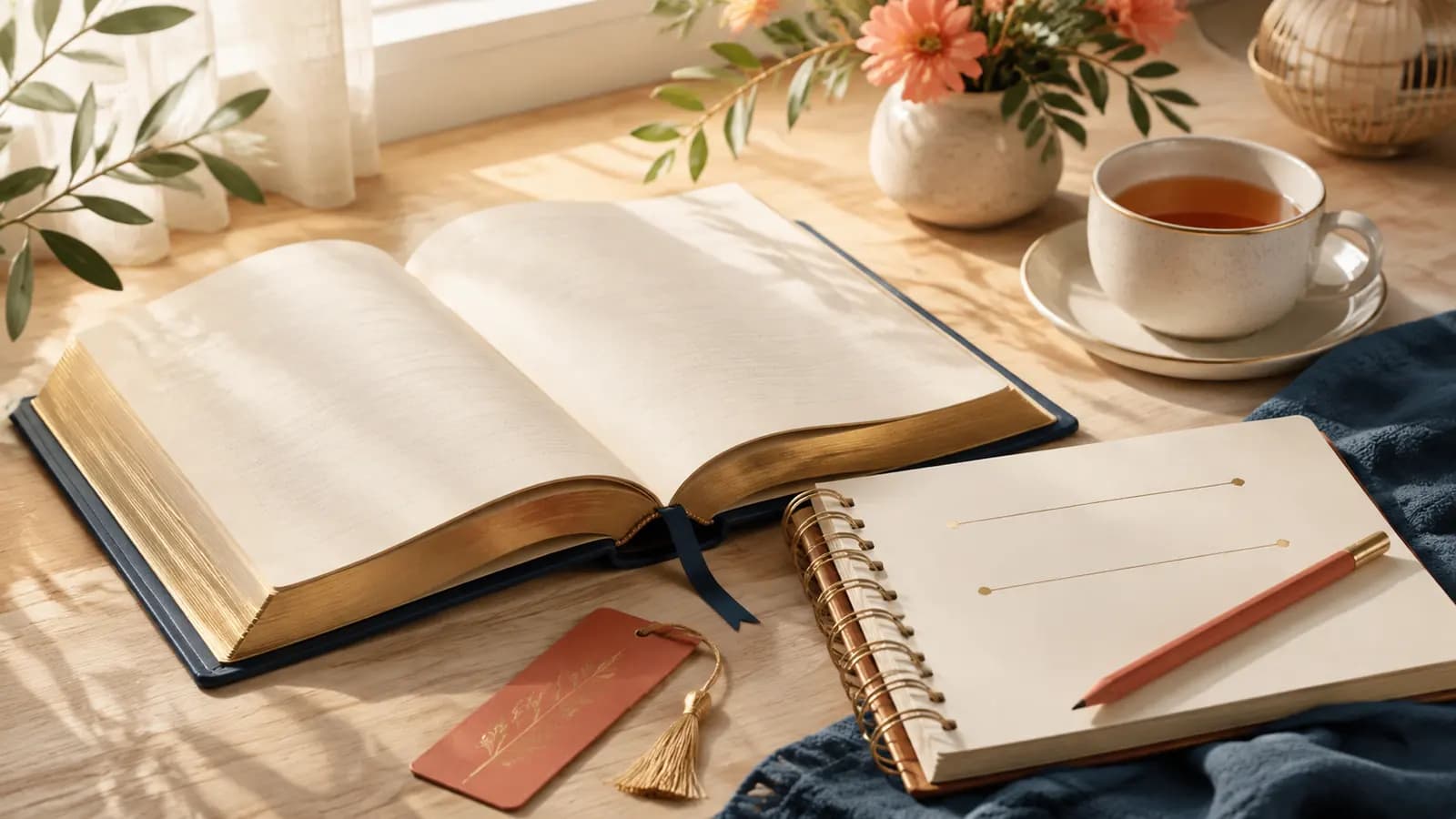 An open Bible beside a notebook with two blank prompt lines and a pencil
