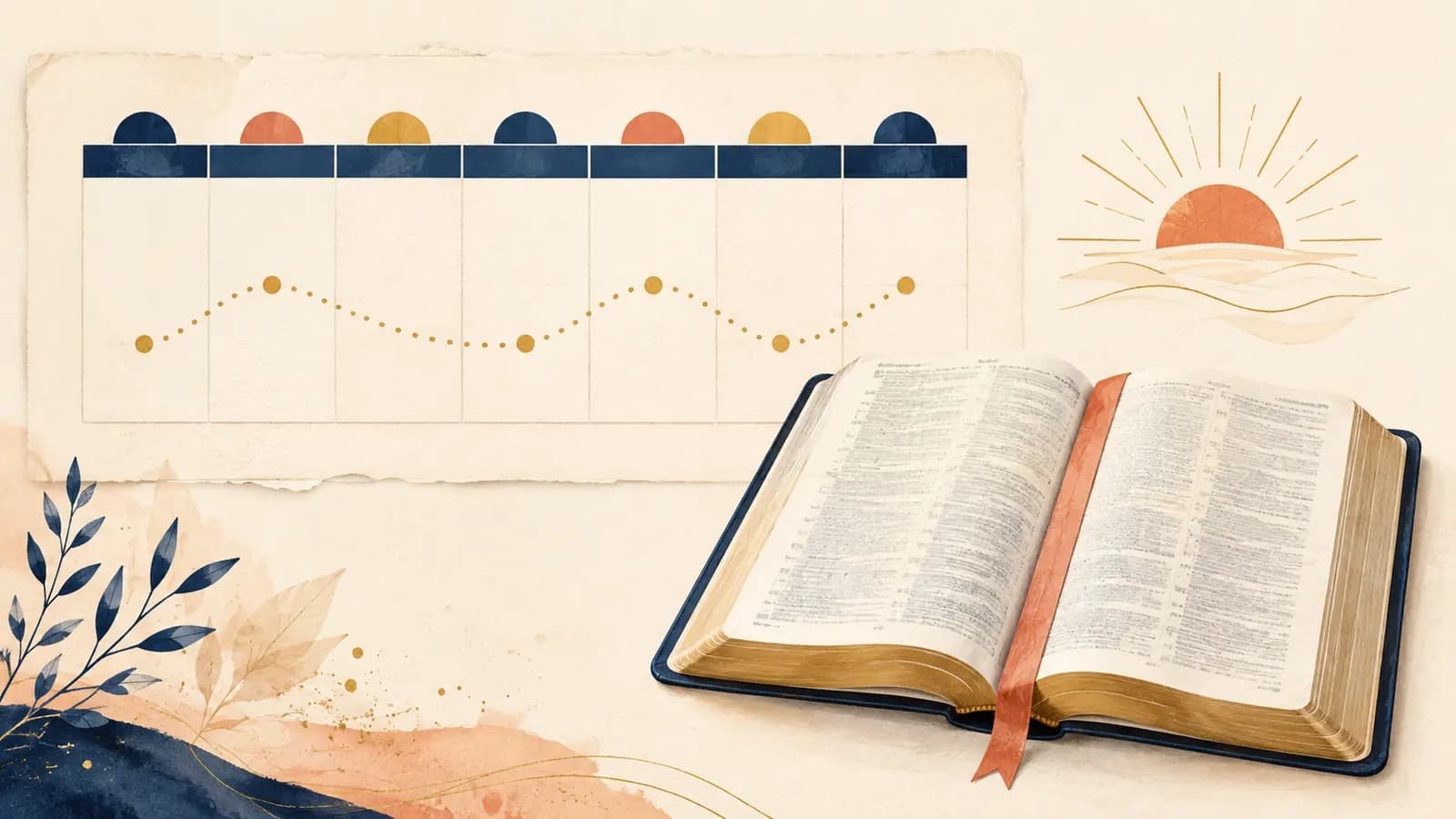 A seven-cell weekly reading rhythm beside an open Bible and a sunrise, with no dates or text