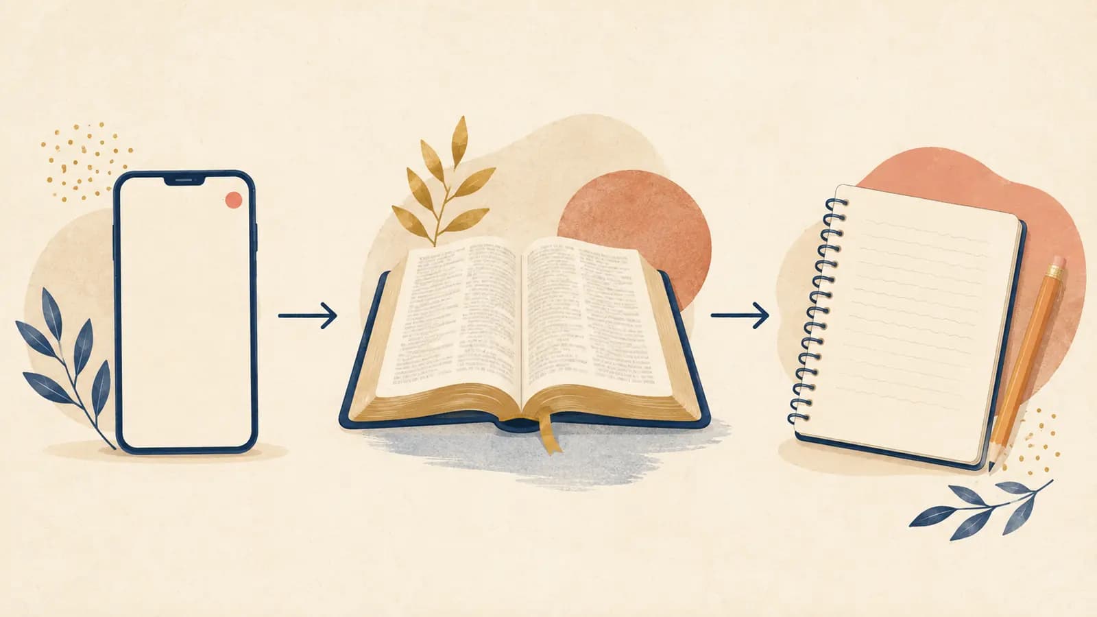 A three-step visual showing a phone, an open Bible, and a handwritten note connected in sequence