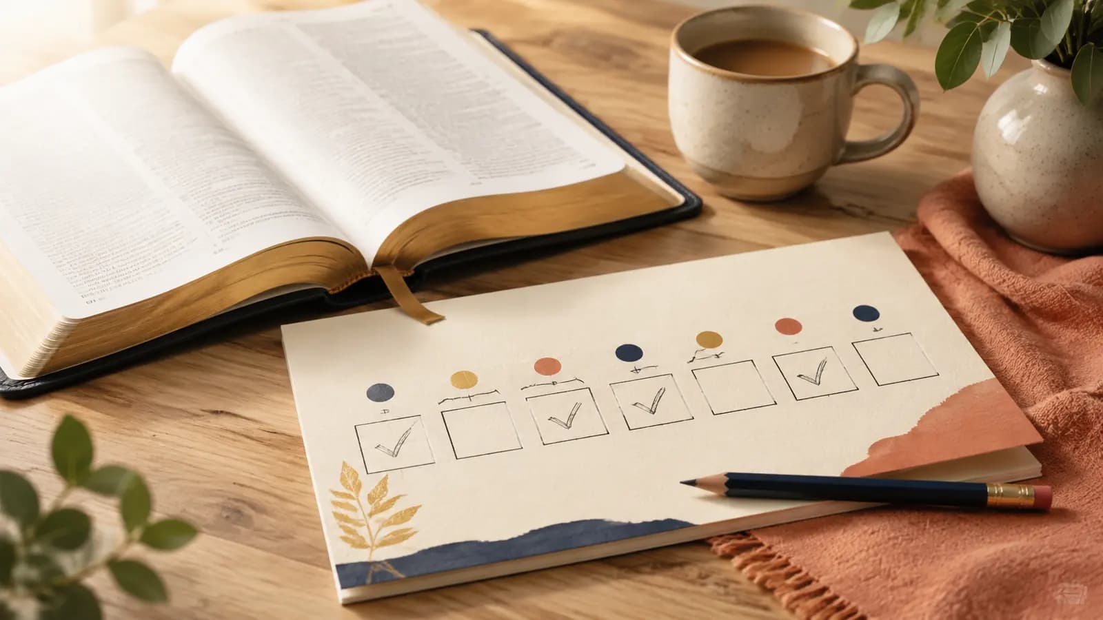 A simple seven-day habit worksheet beside an open Bible and pencil, with blank check boxes