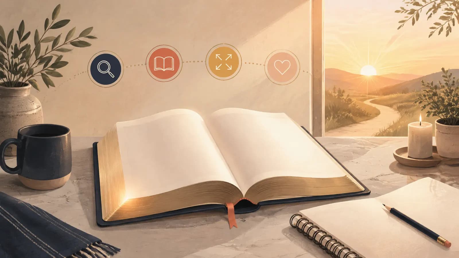 An open Bible, notebook, and a gentle visual path toward a sunrise, representing a verse leading into a fuller reading