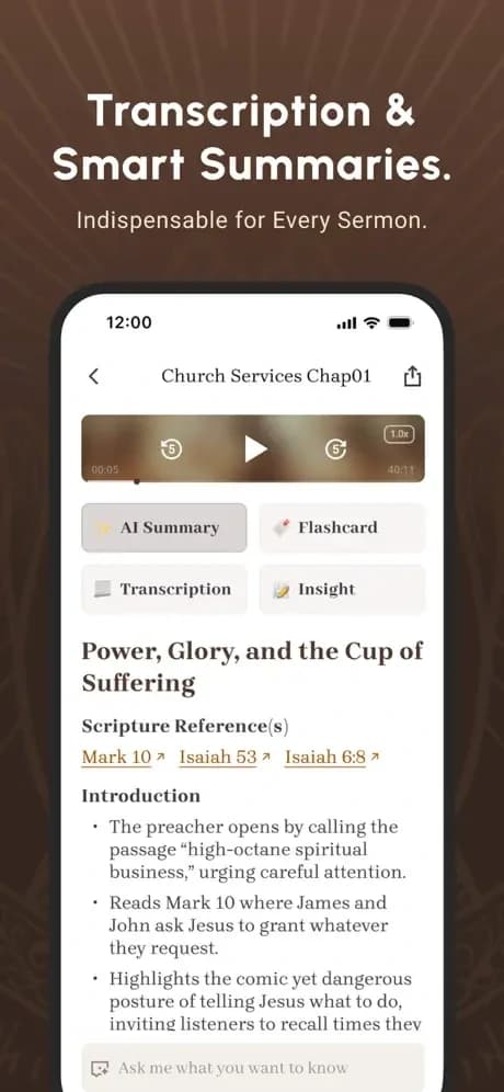 Bible Note sermon screen with playback, summary, flashcard, transcription, and Scripture reference controls