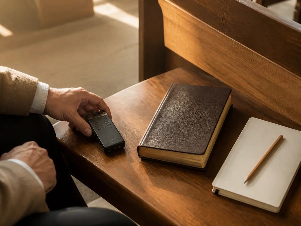 A listener setting a small audio recorder beside a closed Bible and blank notebook on a church pew