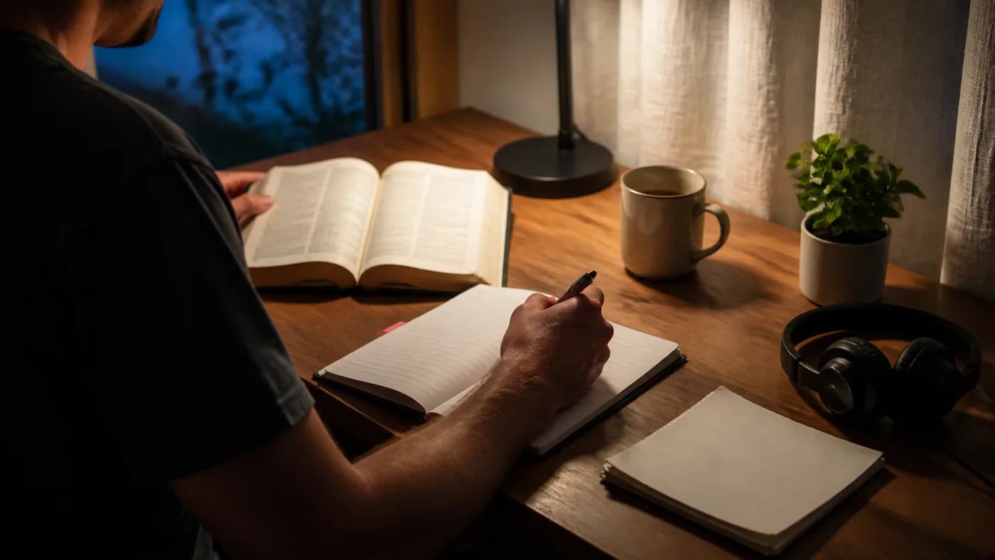 A person reviewing an open Bible and simple sermon notes at a desk on a Monday evening