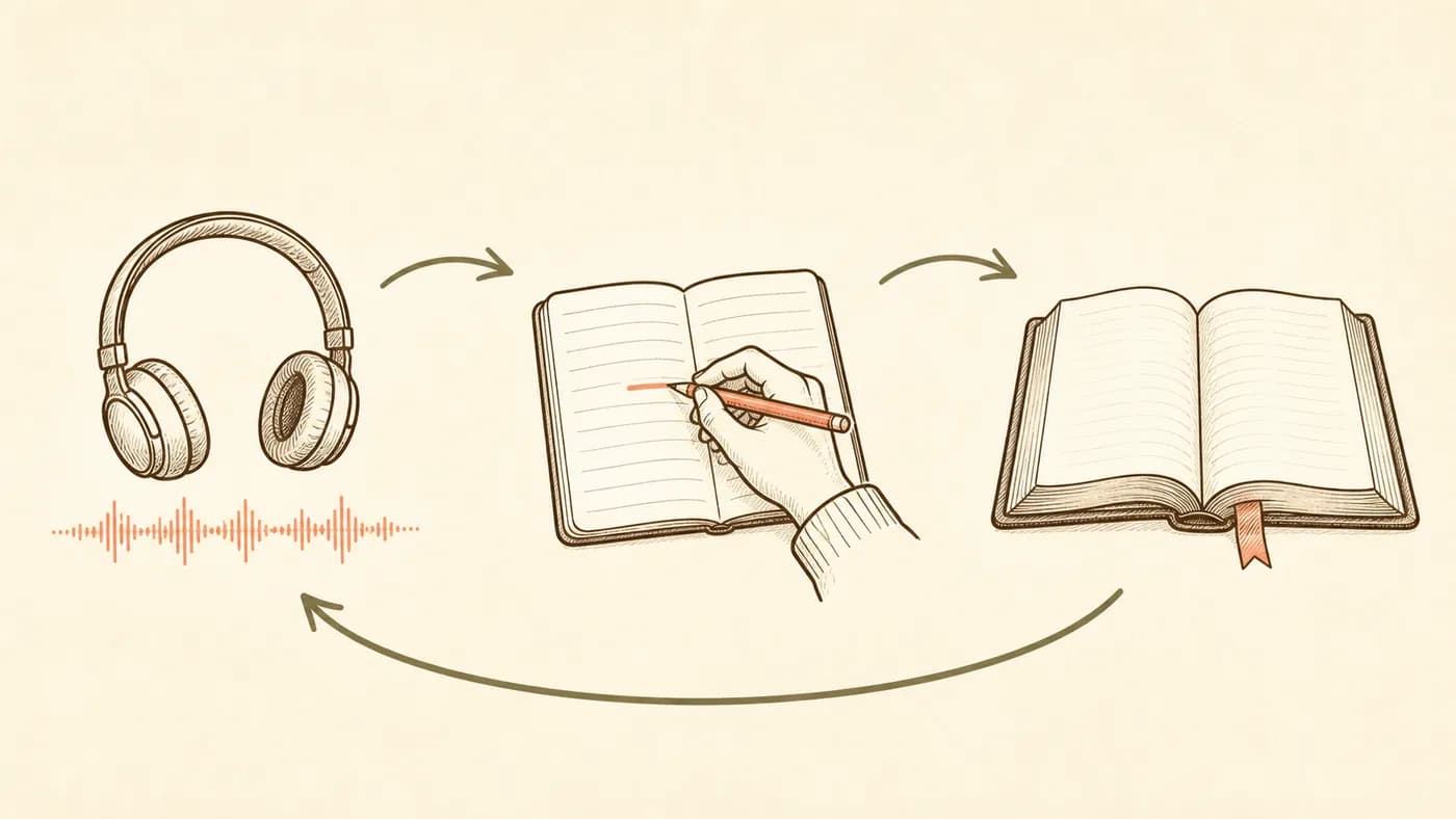 A review loop from listening to audio, correcting notes, and checking the passage