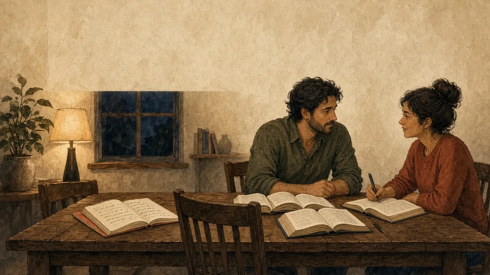 Two people at a small-group table with open Bibles and handwritten notes in evening indoor light
