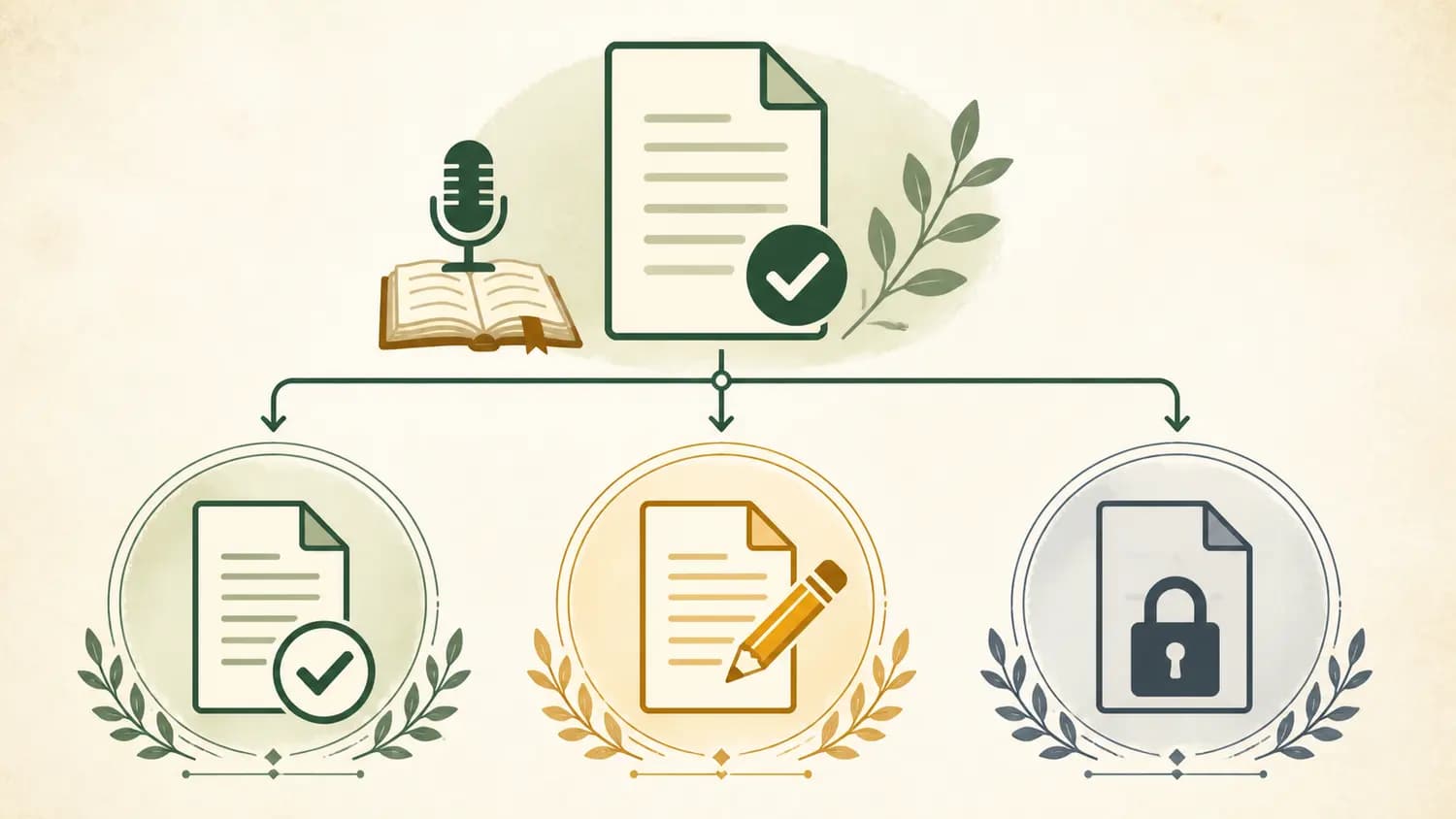 A visual decision tree showing a reviewed transcript that can be shared, revised, or kept private