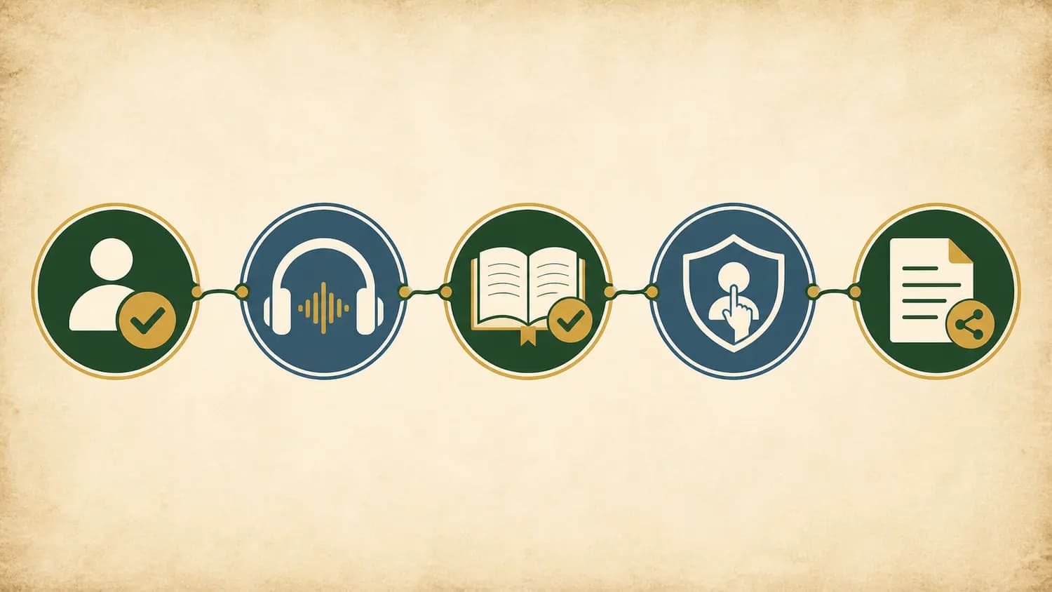 A five-step visual checklist with icons for permission, audio review, Scripture verification, privacy, and sharing