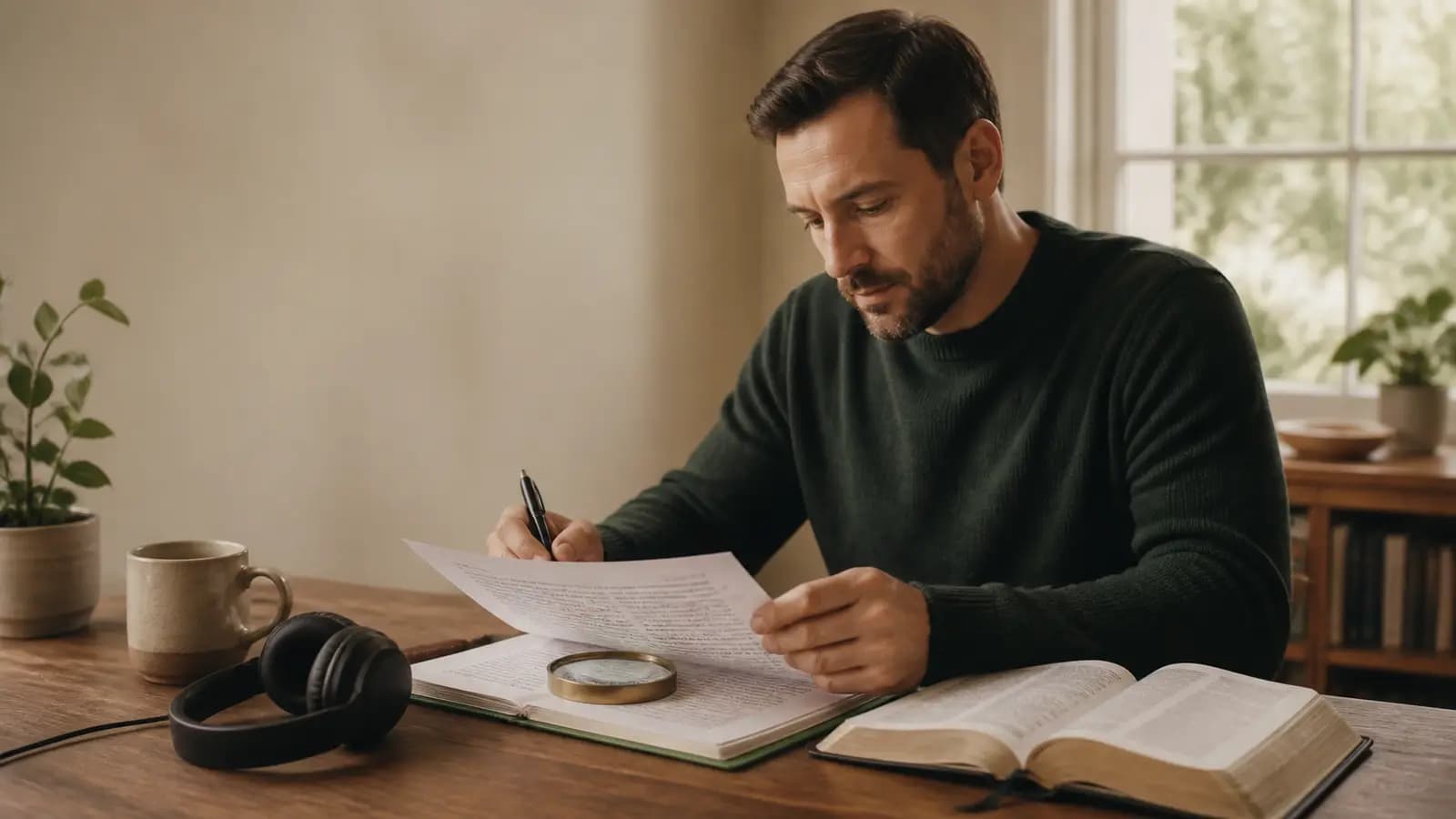 A man reviews a printed sermon transcript beside headphones, an open Bible, and a magnifying glass.