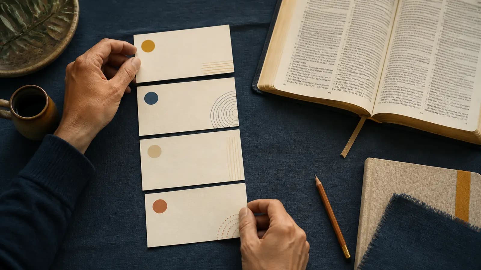 Hands arrange four blank question cards beside an open Bible on a dark blue cloth.