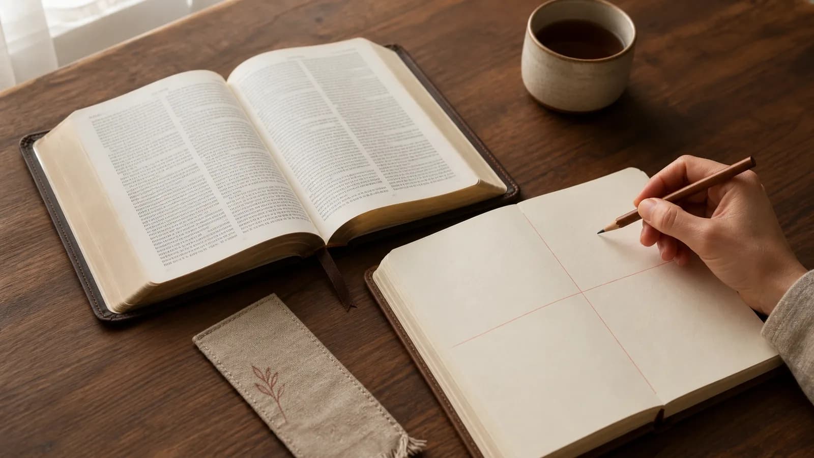 An open Bible beside a divided journal while a person prepares to write with a pencil